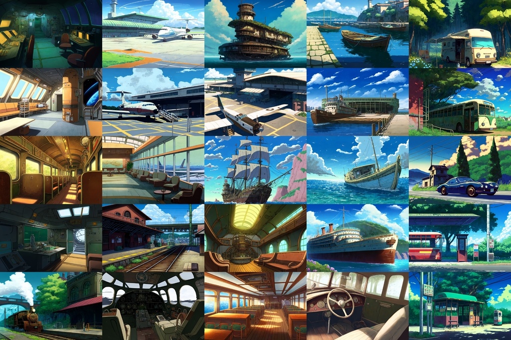 【アニメ映画風の乗り物系の背景】著作権フリーの高解像度画像(100枚)