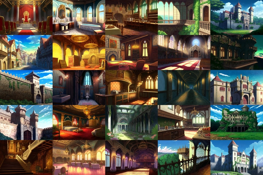 【アニメ映画風の城や室内の背景】著作権フリーの高解像度画像(100枚)