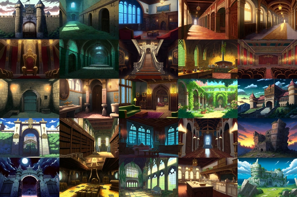 【アニメ映画風の城や室内の背景】著作権フリーの高解像度画像(100枚)