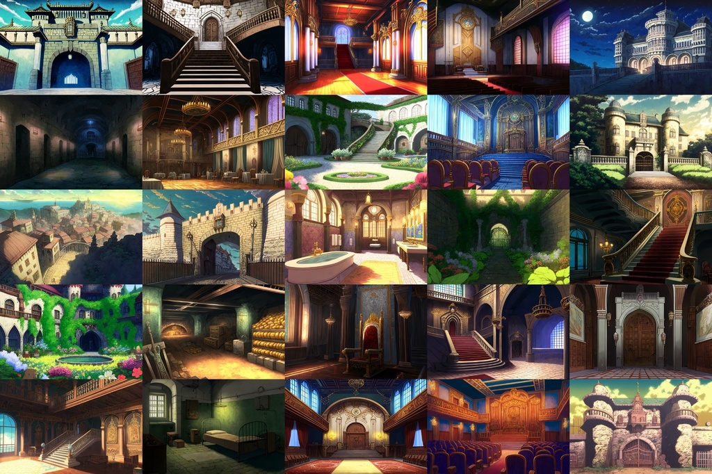 【アニメ映画風の城や室内の背景】著作権フリーの高解像度画像(100枚)