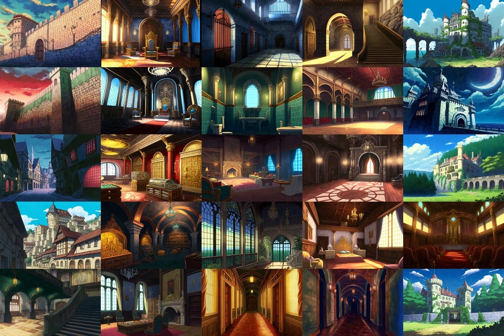 【アニメ映画風の城や室内の背景】著作権フリーの高解像度画像(100枚)