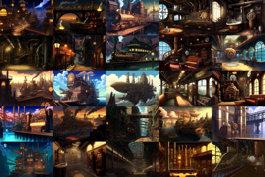 【アニメ映画スチームパンク背景】著作権フリーの高解像度画像(100枚)