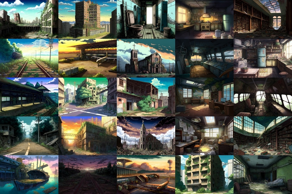 【アニメ映画風の廃墟系背景】著作権フリーの高解像度画像(100枚)