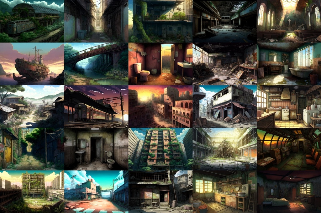 【アニメ映画風の廃墟系背景】著作権フリーの高解像度画像(100枚)