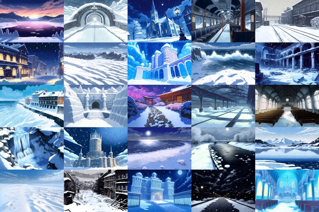 【アニメ映画風の雪国系の背景】著作権フリーの高解像度画像(100枚)