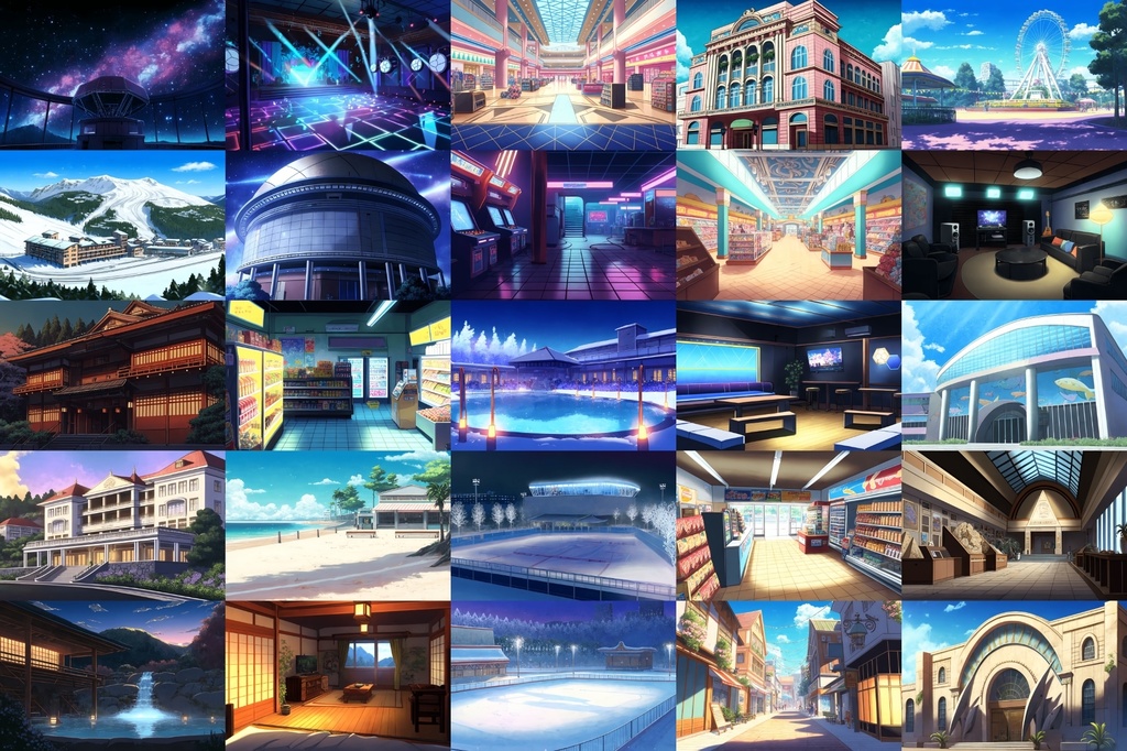 【商業娯楽系施設のイラスト背景】著作権フリーの高解像度画像(100枚)