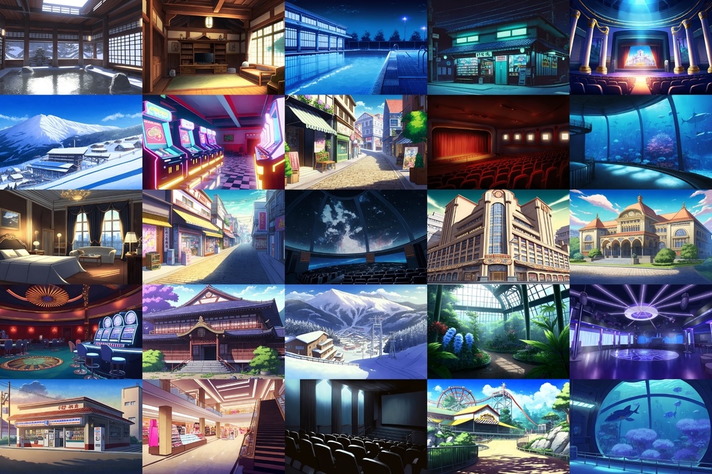 【商業娯楽系施設のイラスト背景】著作権フリーの高解像度画像(100枚)