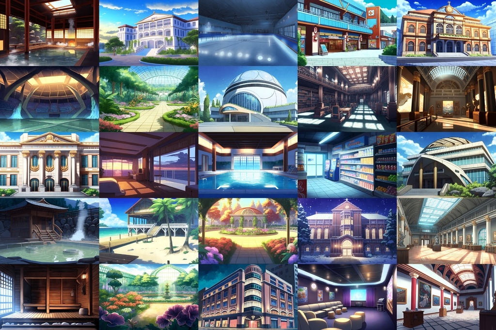 【商業娯楽系施設のイラスト背景】著作権フリーの高解像度画像(100枚)