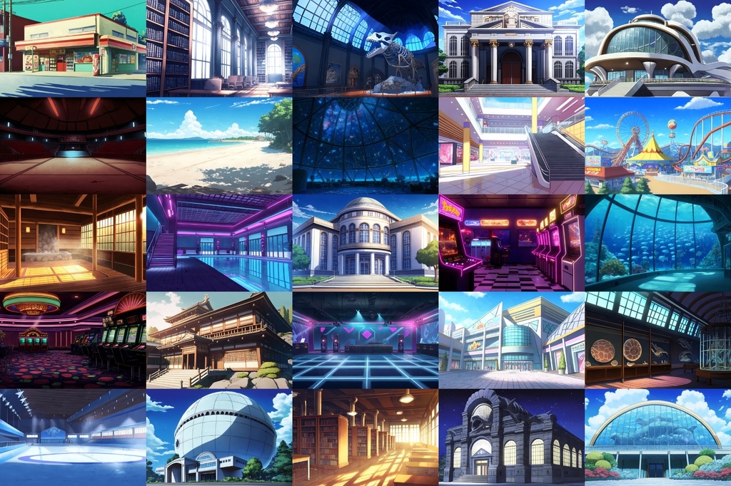 【商業娯楽系施設のイラスト背景】著作権フリーの高解像度画像(100枚)