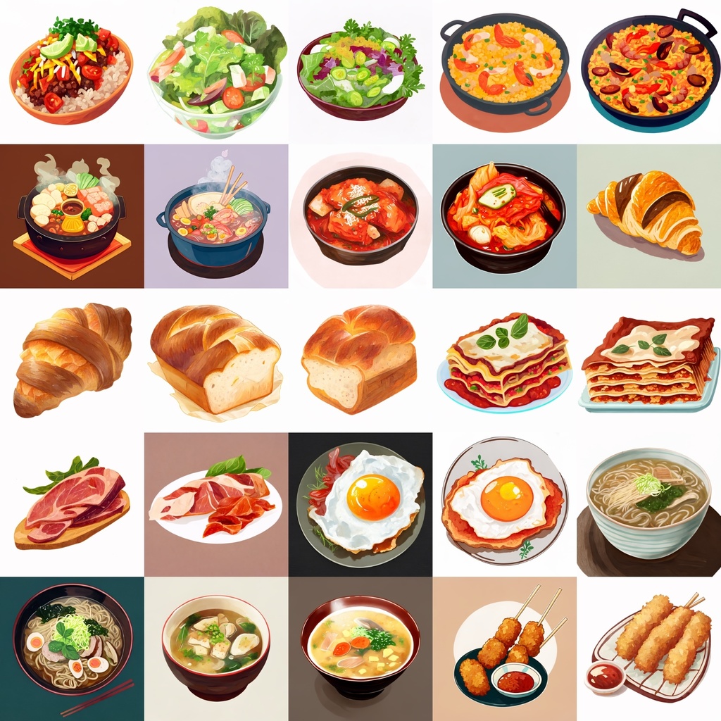 【色々な食べ物のイラスト】著作権フリーの高解像度画像(100枚)
