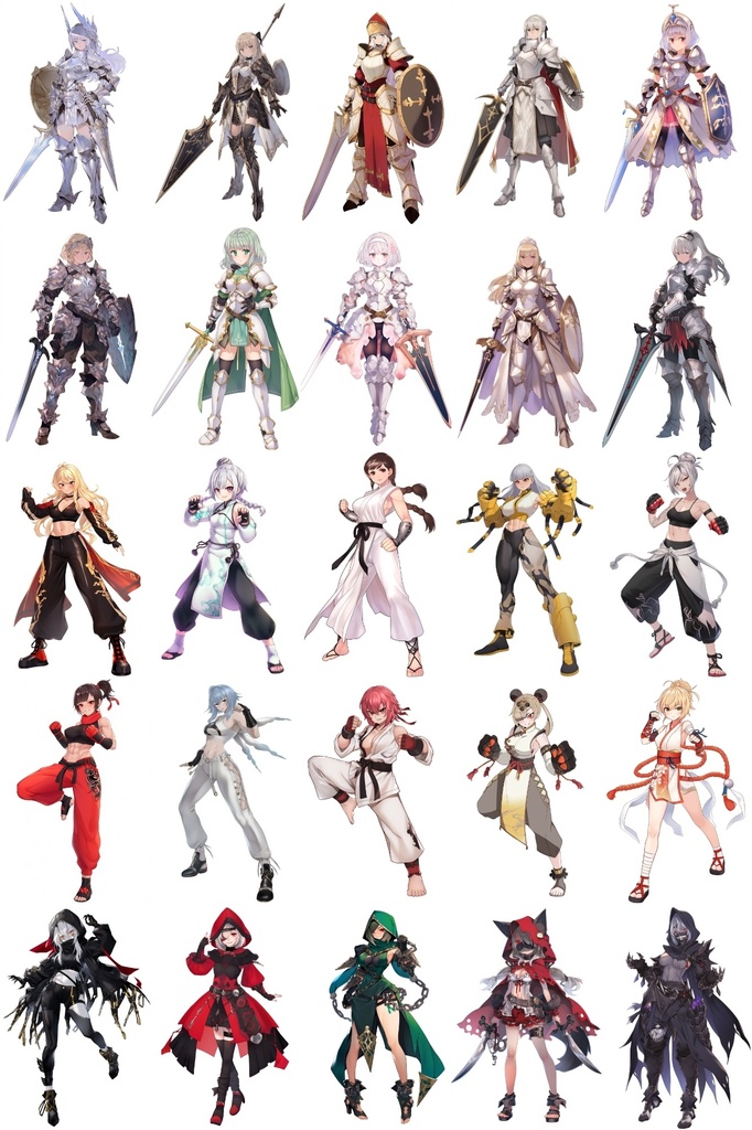 【女キャラ全身立ち絵ジョブ別1】著作権フリーの高解像度素材(100枚)