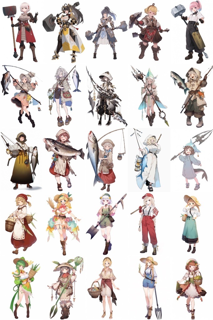 【女キャラ全身立ち絵ジョブ別3】著作権フリーの高解像度素材(100枚)