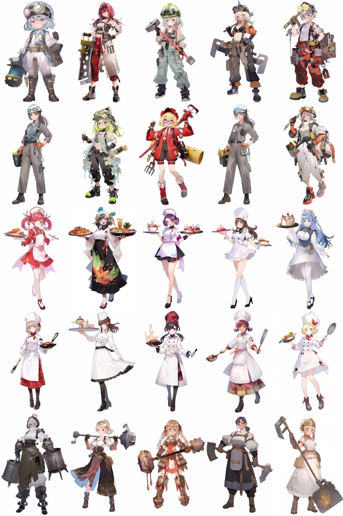 【女キャラ全身立ち絵ジョブ別3】著作権フリーの高解像度素材(100枚)