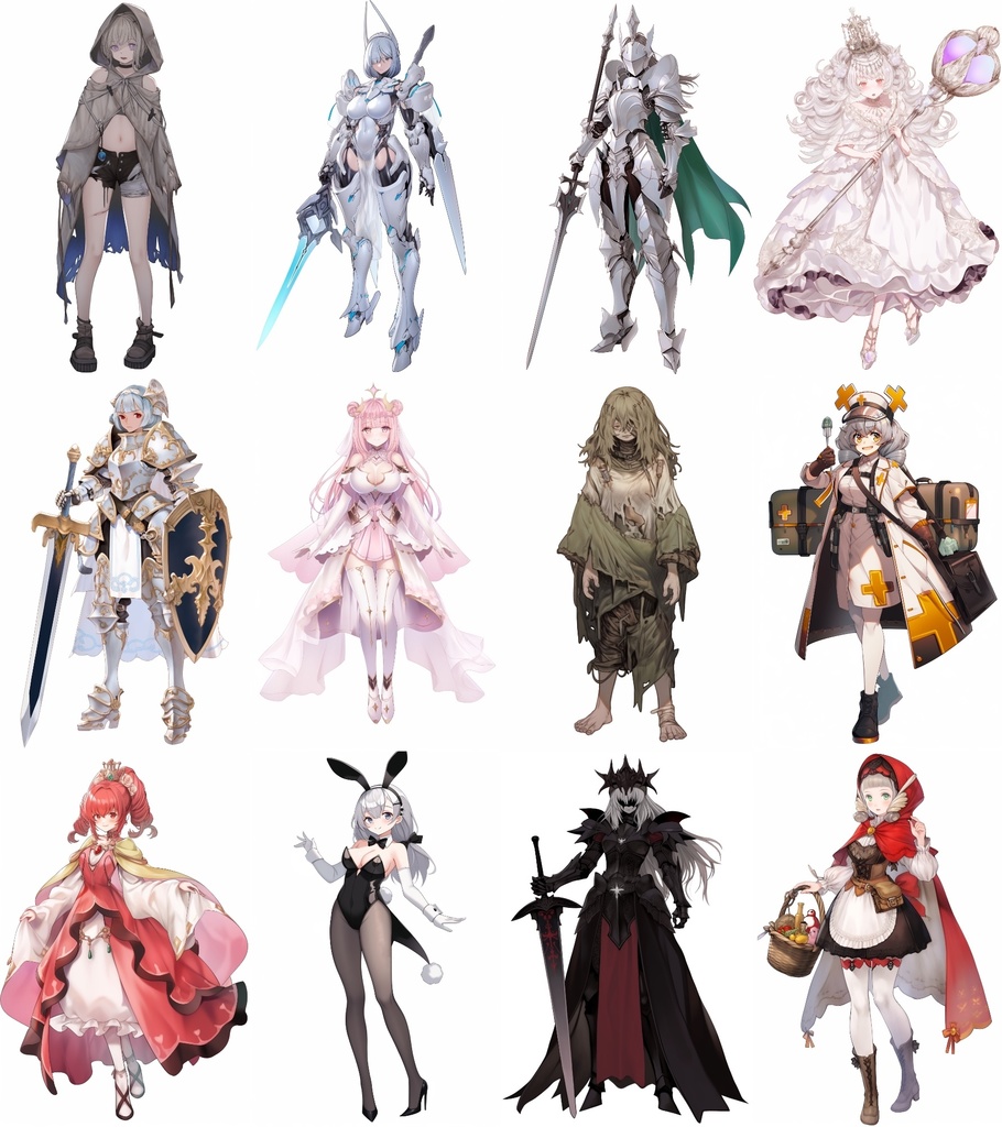 【女キャラ全身立ち絵ジョブ別4】著作権フリーの高解像度素材(100枚)