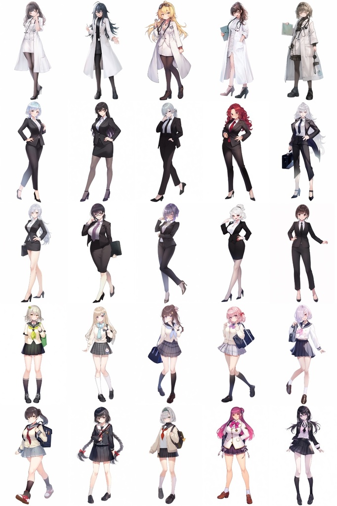 【女キャラ全身立ち絵ジョブ別5】著作権フリーの高解像度素材(100枚)