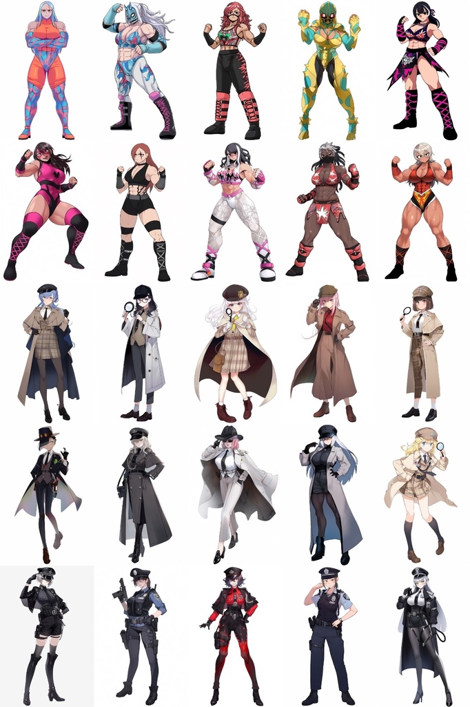 【女キャラ全身立ち絵ジョブ別5】著作権フリーの高解像度素材(100枚)