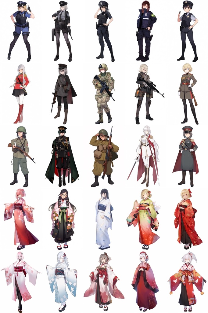 【女キャラ全身立ち絵ジョブ別5】著作権フリーの高解像度素材(100枚)