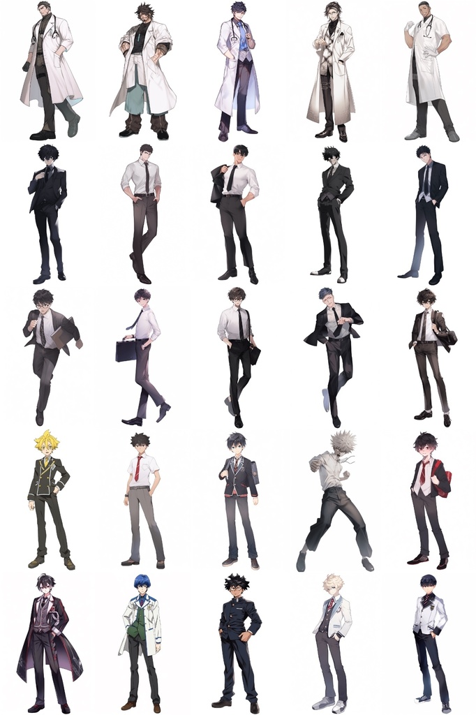 【男キャラ全身立ち絵ジョブ別5】著作権フリーの高解像度素材(100枚)