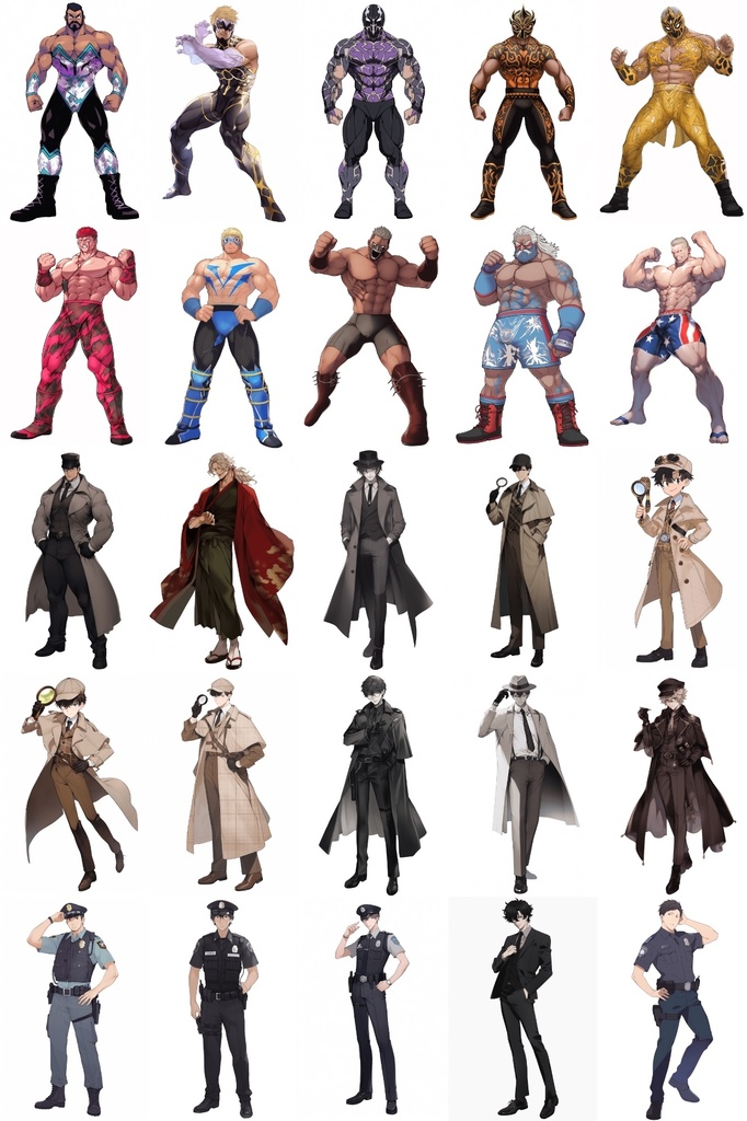 【男キャラ全身立ち絵ジョブ別5】著作権フリーの高解像度素材(100枚)