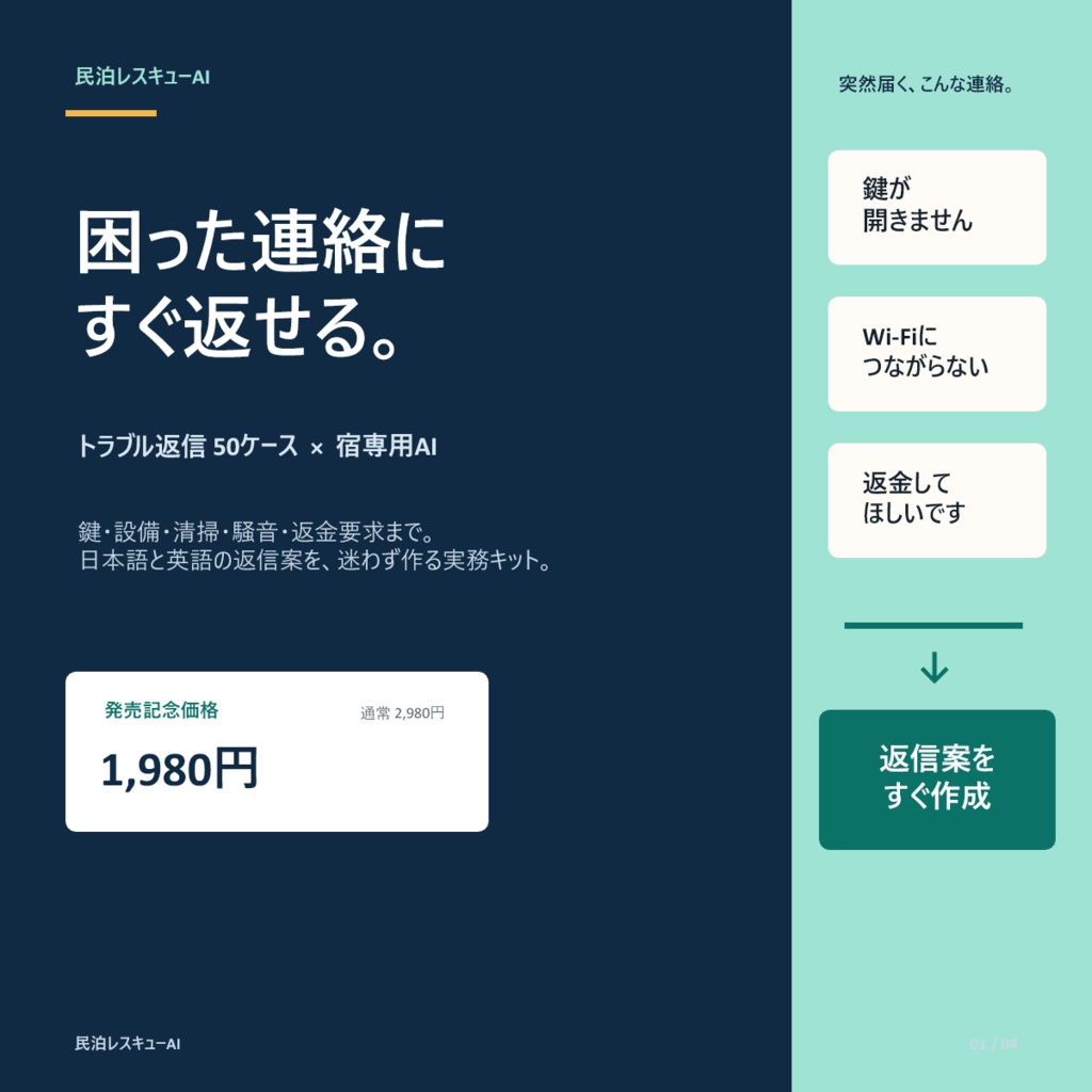 民泊レスキューAI|トラブル返信50+宿専用AI返信ジェネレーター