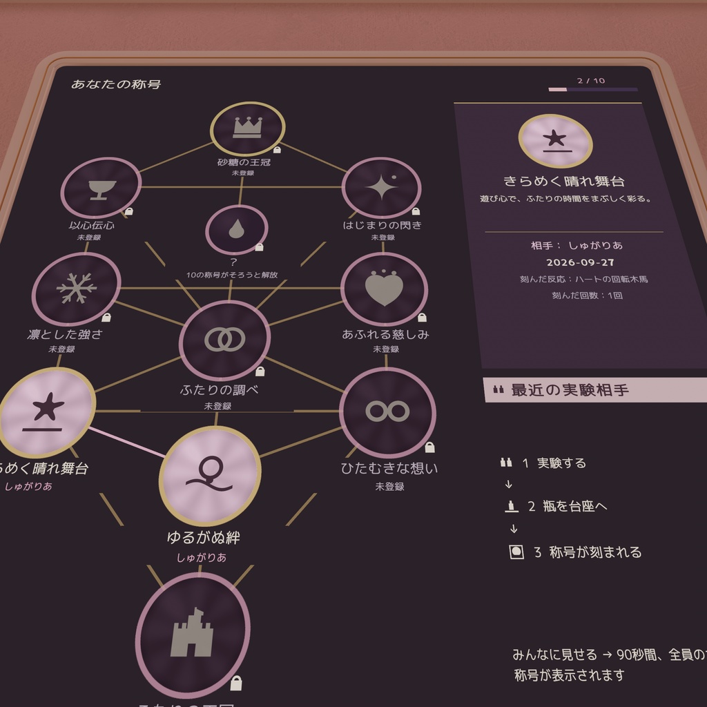 Sugar Reactor 『ふたりで押すと何かが起こる、甘い恋の実験装置』VRCワールド向けUdonギミック・称号ボード付き - #NiAkaDev