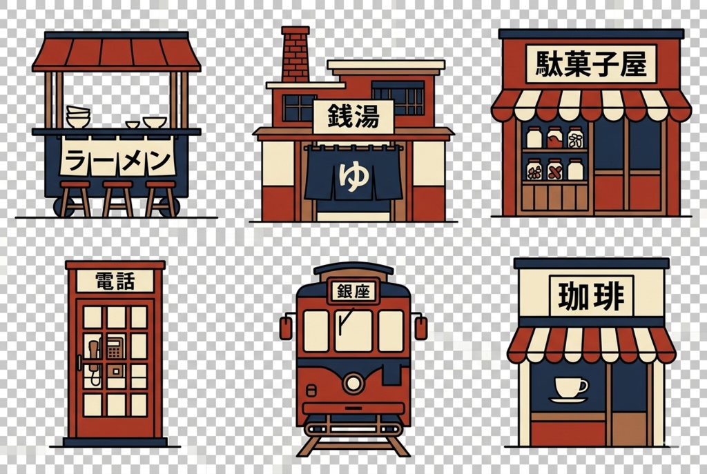【昭和レトロ】商店街アイコンセット6点｜ラーメン屋・銭湯・駄菓子屋・電話ボックス・路面電車・喫茶店｜透過PNG