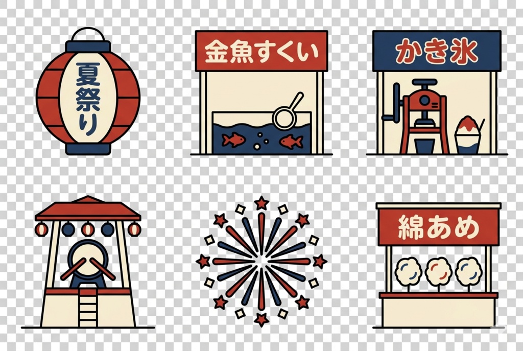 【昭和レトロ】夏祭りアイコンセット6点｜提灯・金魚すくい・かき氷・やぐら・花火・綿あめ｜透過PNG