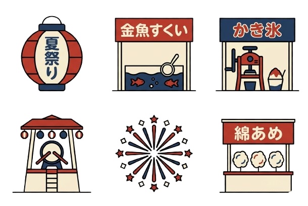 【昭和レトロ】夏祭りアイコンセット6点｜提灯・金魚すくい・かき氷・やぐら・花火・綿あめ｜透過PNG