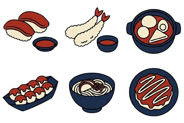 【昭和レトロ】和食アイコンセット6点｜寿司・天ぷら・おでん・たこ焼き・うどん・お好み焼き｜透過PNG