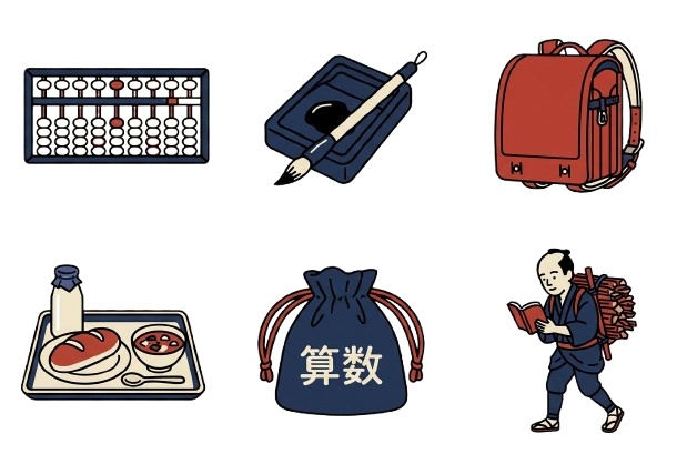 【昭和レトロ】学校・文房具アイコンセット6点｜算盤・硯・ランドセル・給食・算数袋・二宮金次郎｜透過PNG