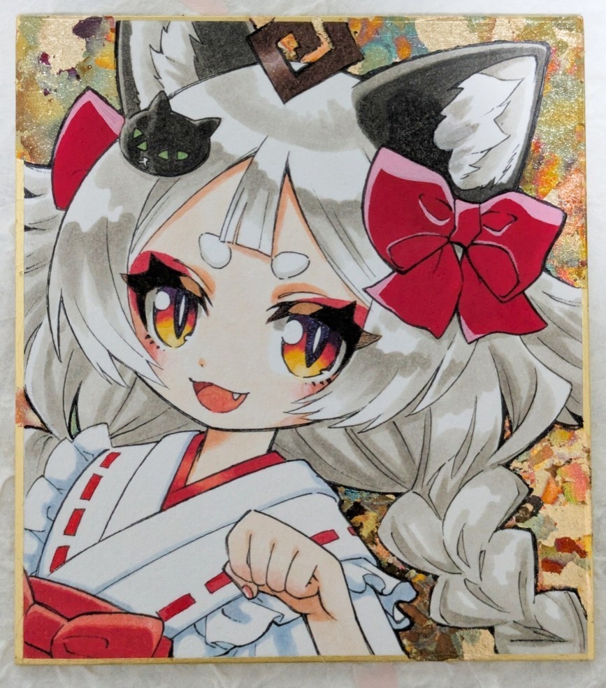 ミニ色紙「猫又の巫女」（オリジナル）