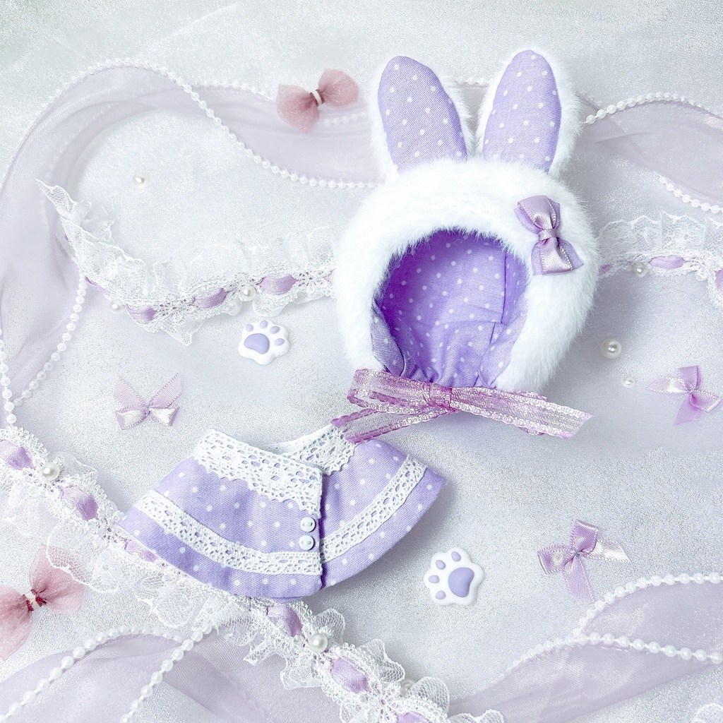 ケモ耳フードとケープの二点セット(ドット柄)10-12cm ぱぺ用