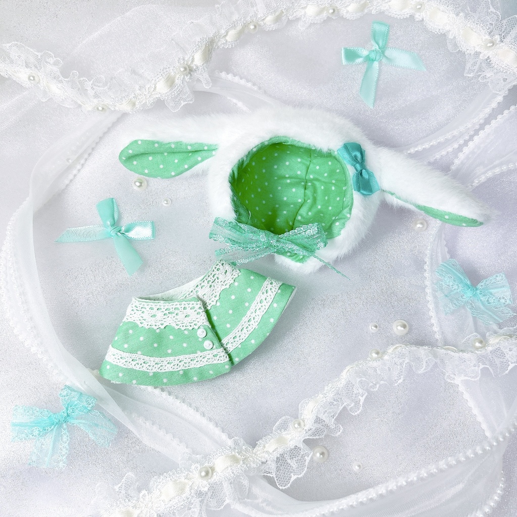 ケモ耳フードとケープの二点セット(ドット柄)10-12cm ぱぺ用