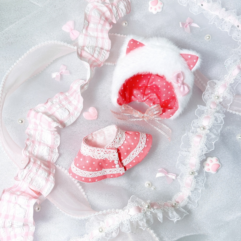 ケモ耳フードとケープの二点セット(ドット柄)10-12cm ぱぺ用