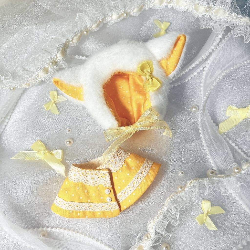 ケモ耳フードとケープの二点セット(ドット柄)10-12cm ぱぺ用