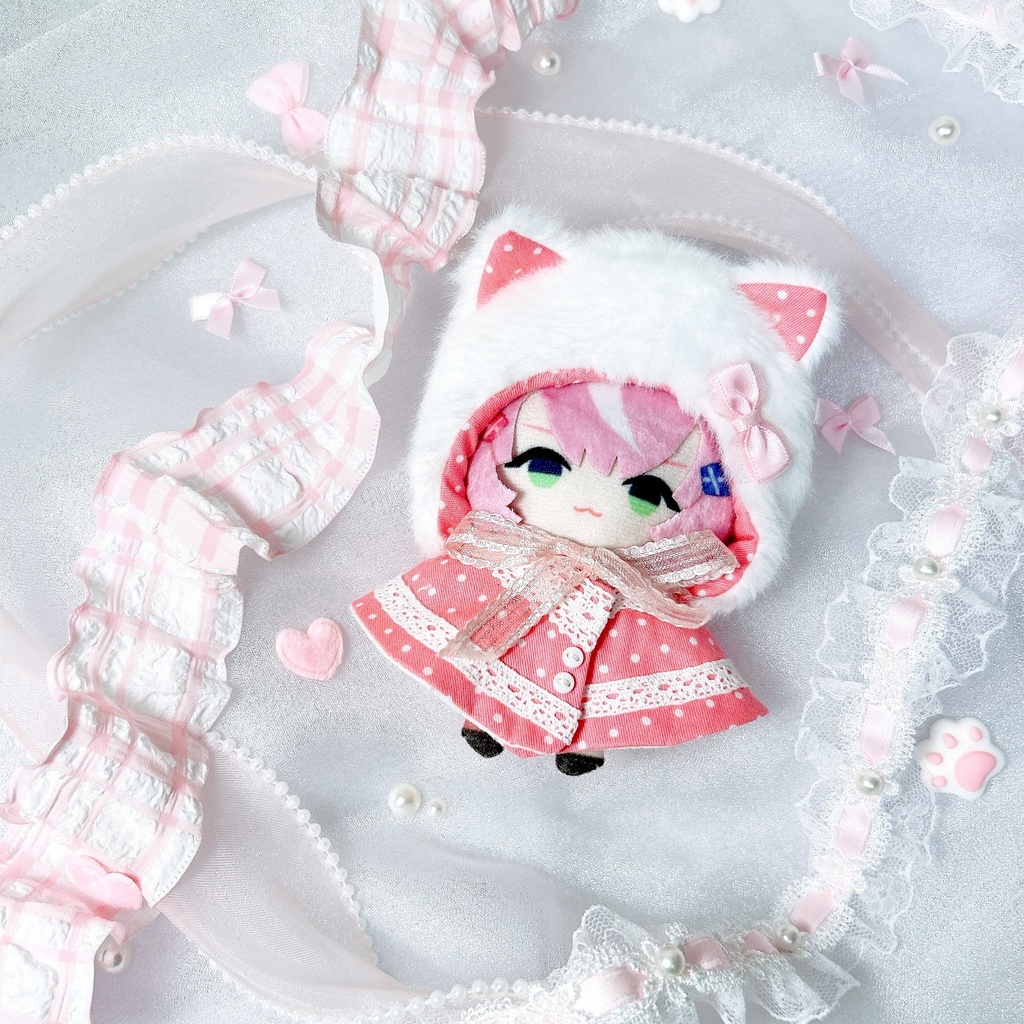 ケモ耳フードとケープの二点セット(ドット柄)10-12cm ぱぺ用