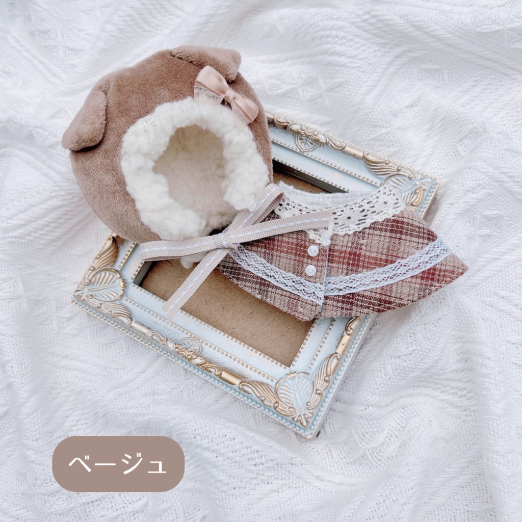 ケモ耳フードとケープの2点セット(4色チェック柄)10-12cm ぱぺ用