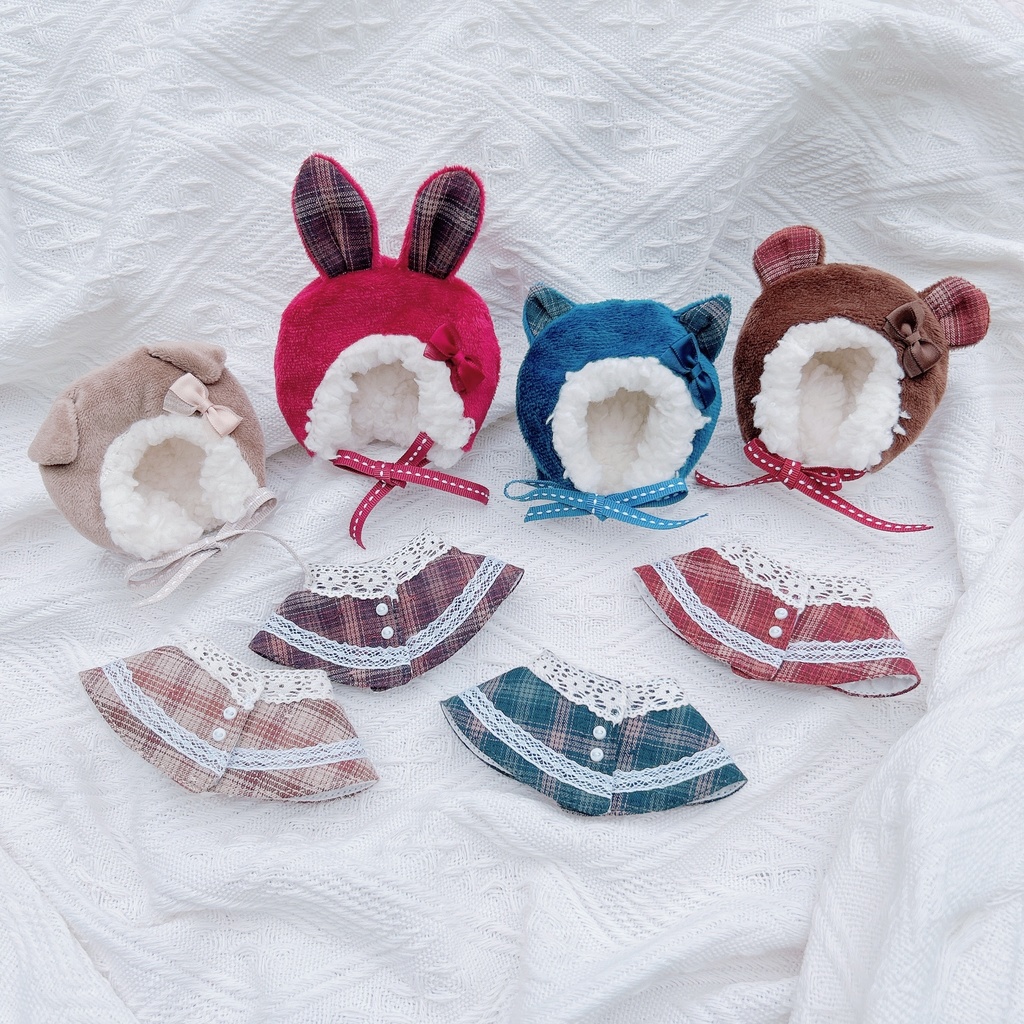 ケモ耳フードとケープの2点セット(4色チェック柄)10-12cm ぱぺ用