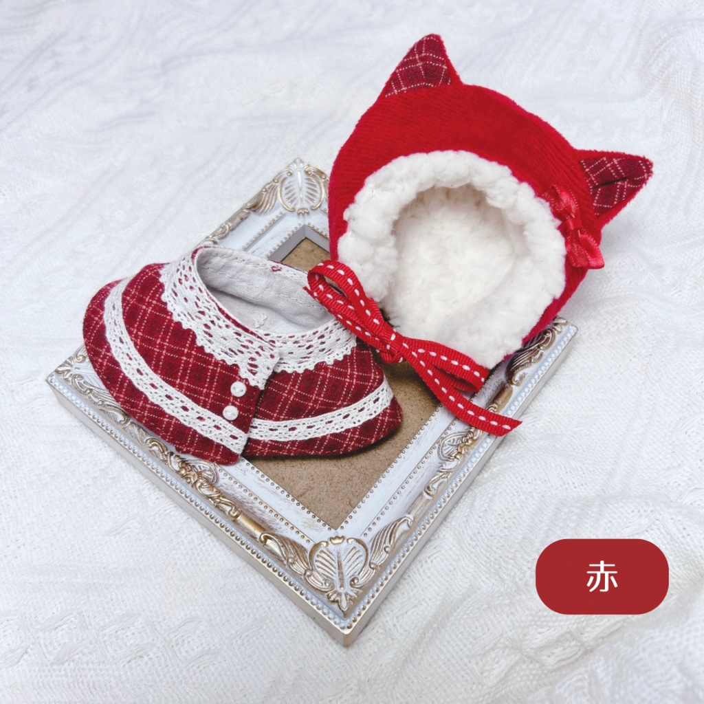 ケモ耳フードとケープの二点セット(虹色チェック柄)10-12cm ぱぺ用