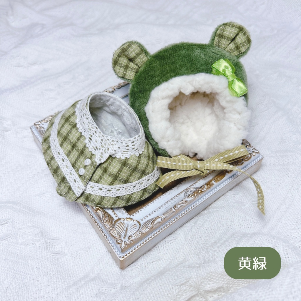 ケモ耳フードとケープの二点セット(虹色チェック柄)10-12cm ぱぺ用