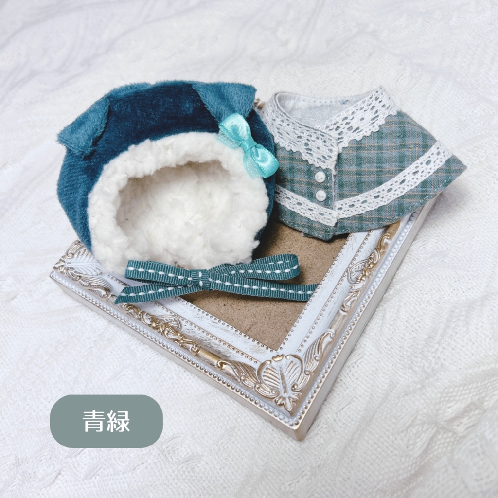 ケモ耳フードとケープの二点セット(虹色チェック柄)10-12cm ぱぺ用