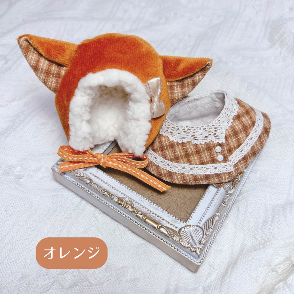 ケモ耳フードとケープの二点セット(虹色チェック柄)10-12cm ぱぺ用