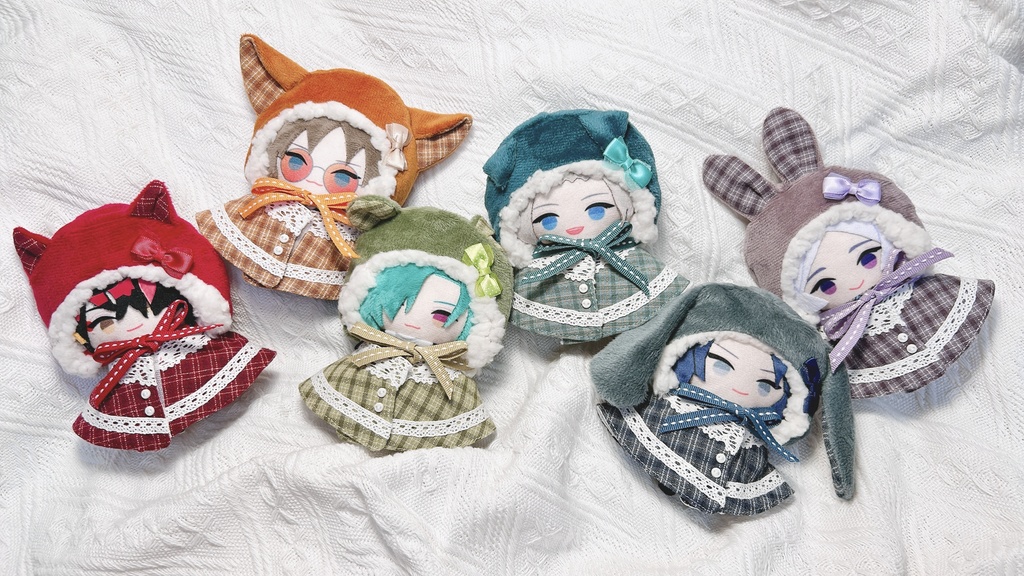 ケモ耳フードとケープの二点セット(虹色チェック柄)10-12cm ぱぺ用