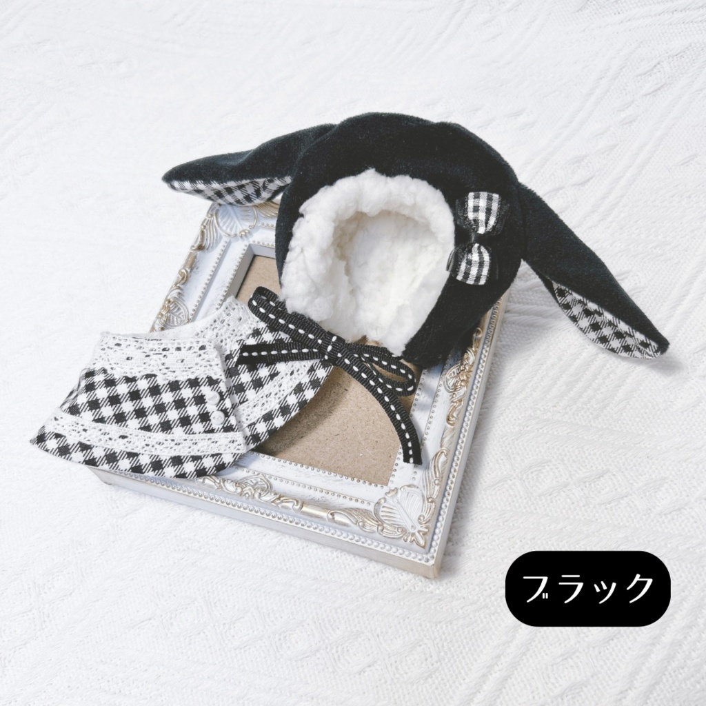 ケモ耳フードとケープの二点セット(モノクロチェック柄) 10-12cm ぱぺ用