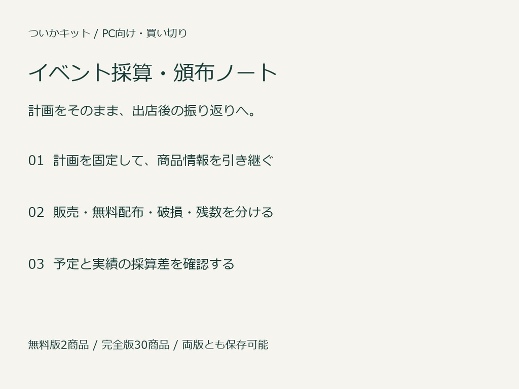 イベント採算・頒布ノート｜計画から売上・残数の振り返りまで【PC・買い切り】