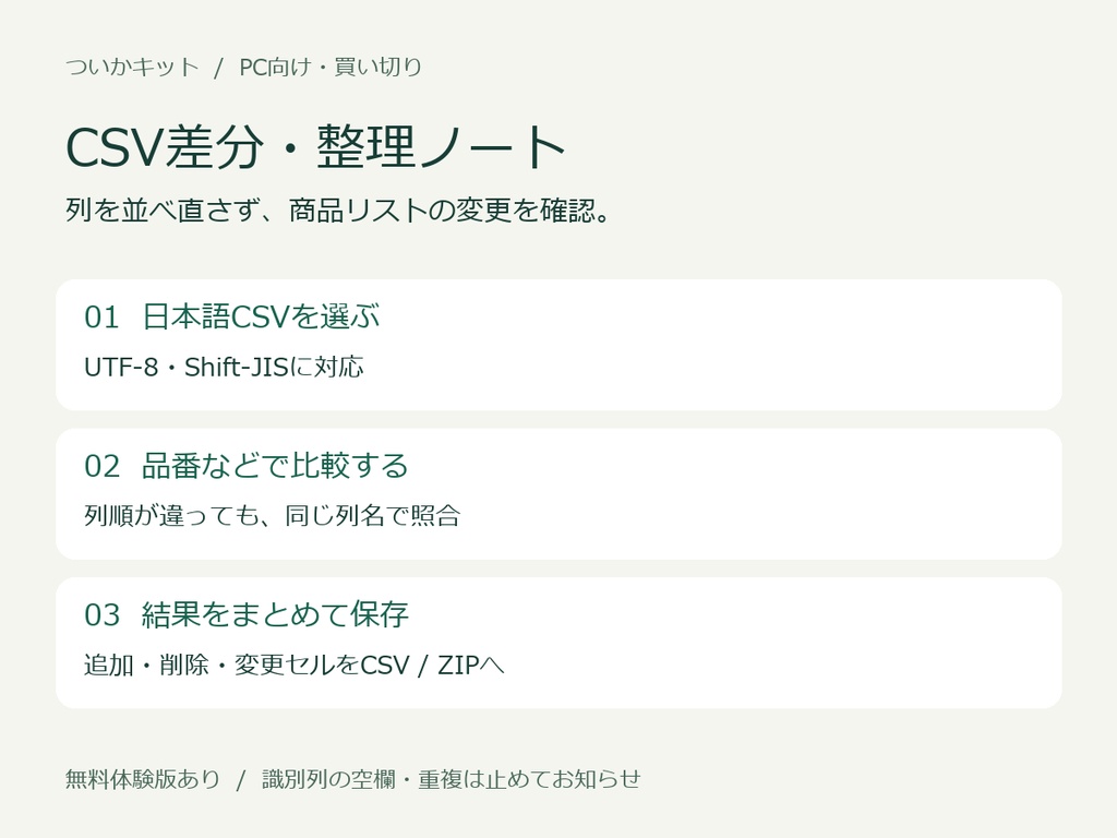 CSV差分・整理ノート｜商品リストの変更・重複確認【PC・買い切り】