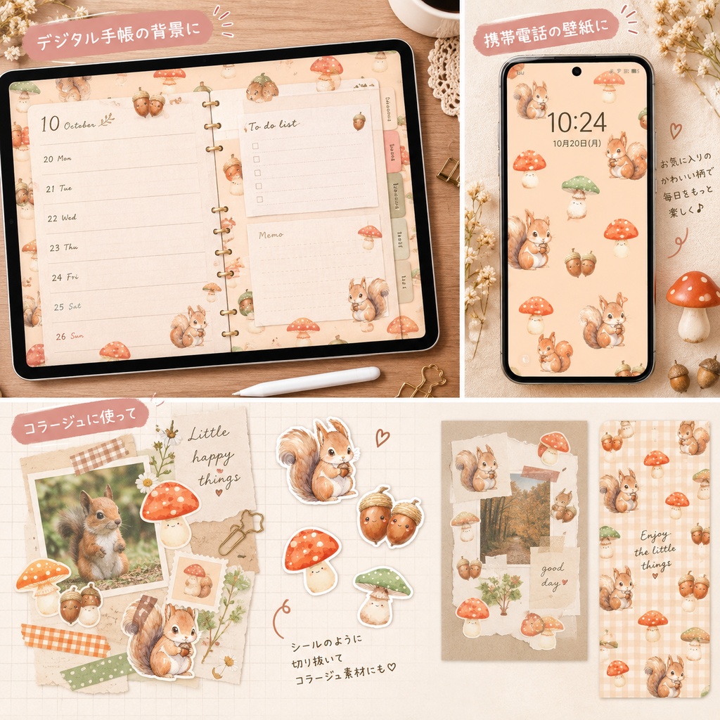 秋 紅葉柄 デジタルペーパー 4枚セット|Autumn Leaves Digital Paper|背景素材・ デジタル手帳・壁紙・ラッピング|大人かわいい・くすみカラー