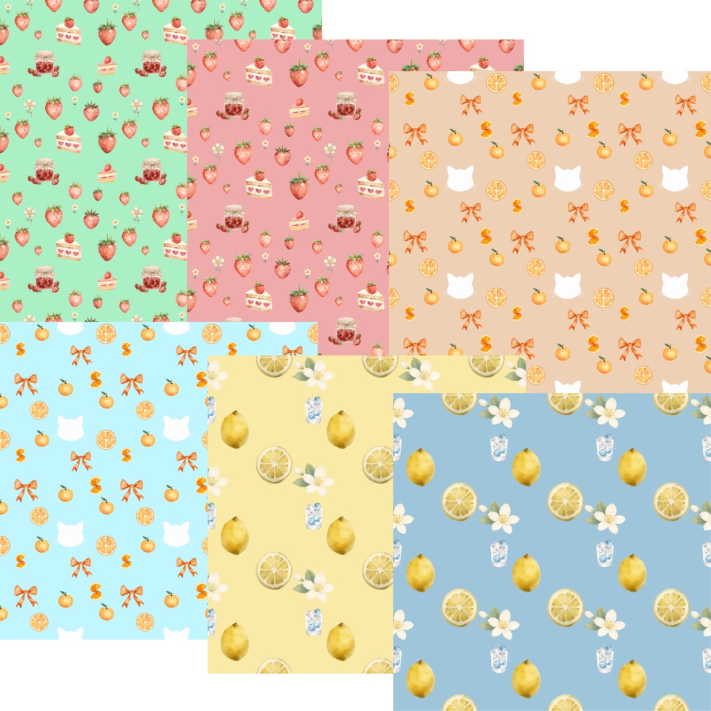 フルーツ(いちご・みかん・れもん) デジタルペーパー 6枚セット|Fruits Collection Digital Paper|Strawberry|Mandarin Orange|Lemon|背景素材・ デジタル手帳・壁紙・ラッピング|大人かわいい・くすみカラー