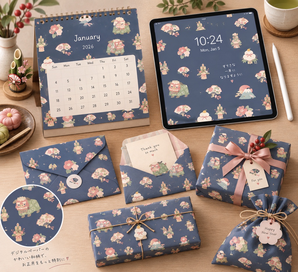 無料あり|お正月 デジタルペーパー 6枚セット|Japanese New Year Digital Paper|背景素材・ デジタル手帳・壁紙・ラッピング|大人かわいい・くすみカラー