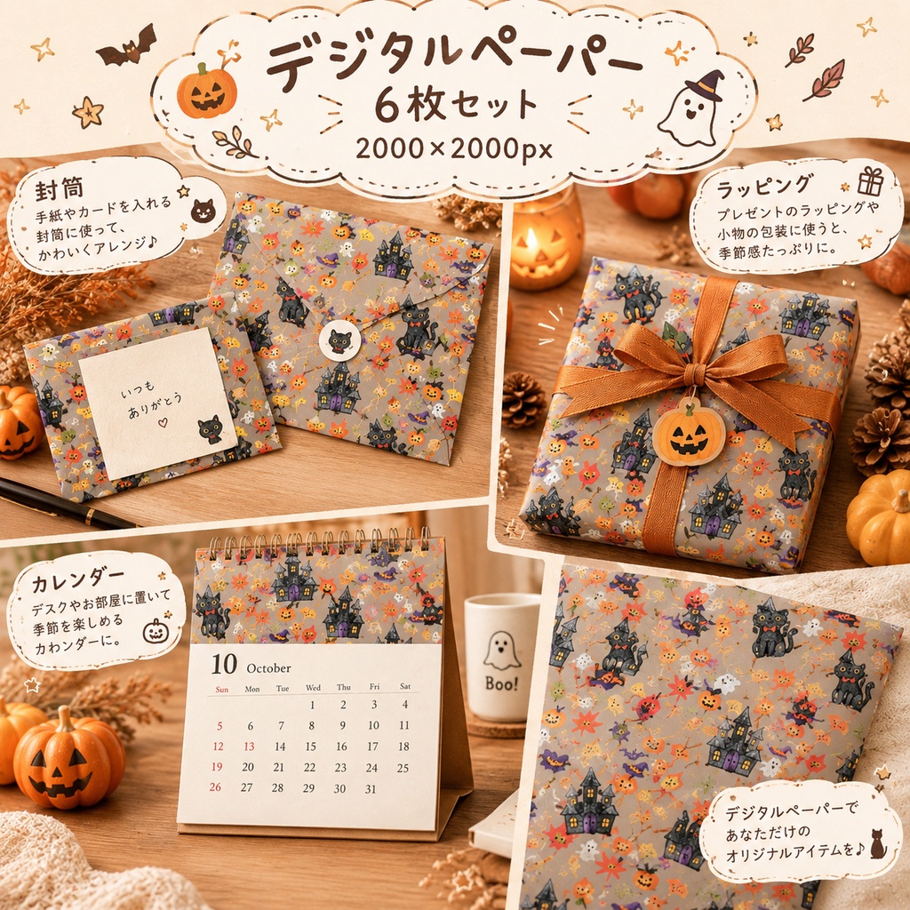 無料あり|ハロウィン デジタルペーパー 6枚セット|Halloween Digital Paper|背景素材・ デジタル手帳・壁紙・ラッピング|大人かわいい・くすみカラー
